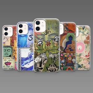 Puede incluir: Una colección de fundas para teléfonos con varios diseños que presentan a Buda, flores de loto y símbolos espirituales. Las fundas muestran una mezcla de colores, incluyendo azul, verde y naranja, con ilustraciones artísticas y texto. Las fundas están diseñadas para smartphones.