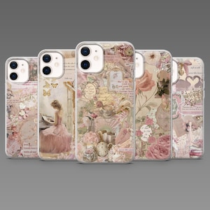 May include: A collection of five phone cases with a vintage collage design. The cases feature a mix of pink, beige, and cream colors with floral, butterfly, and script elements. Each case has a different arrangement of the collage.