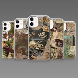 May include: A collection of five phone cases with a collage design featuring dinosaur fossils, illustrations, and a moon. The cases have a vintage aesthetic with a mix of sepia tones and earth tones.