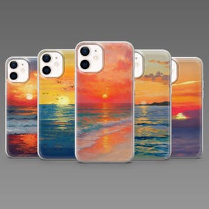 May include: A collection of five phone cases featuring a sunset over the ocean. Each case displays a vibrant painting of the sun setting over the water, with shades of orange, yellow, and blue. The cases are designed to fit a smartphone.