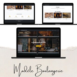 May include: Three laptops displaying a website for a bakery. The website features images of bread, pastries, and baguettes. The bottom laptop shows a storefront with the text "La Boulangerie du Coin". The bottom of the image has the text "Modèle Boulangerie".