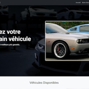 May include: Website homepage featuring a silver car with black rims and a blue car in the background. Text reads "AUTO EXCELLENCE" and "Find your next vehicle". A red button says "See stock".