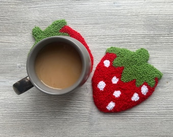 Handmade Strawberry Yarn Coaster | Kitchen Table Drink Mat
