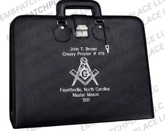 Personalized Master Mason Regalia Carrying Case – Custom Embroidered Leather Briefcase for Masonic Aprons and Jewels – Handcrafted