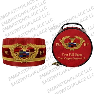 May include: Red ceremonial accessories, including a round case and a band, feature gold embroidery and text. The case has a handle and chain, with text reading "PG" and "HP". The band also has "PG" and "HP" with gold accents.