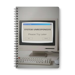 Può includere: Un quaderno a spirale con un design di computer retrò. Lo schermo mostra il messaggio "SYSTEM UNRESPONSIVE Please Try Later". Sono visibili anche una tastiera e un mouse. Il quaderno ha uno sfondo bianco.