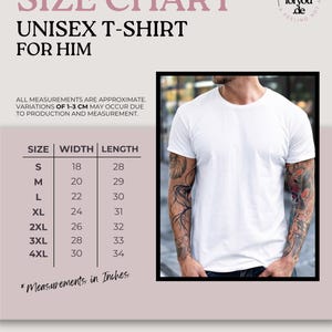 May include: A white unisex t-shirt is displayed next to a size chart. The chart lists sizes S to 4XL with width and length measurements in inches. The text "SIZE CHART" and "UNISEX T-SHIRT FOR HIM" are at the top. The website vibesforyou.de is at the bottom.