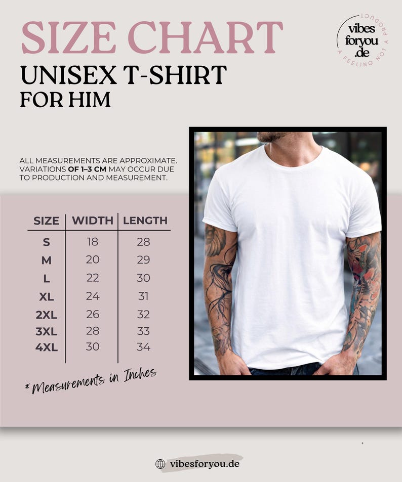 May include: A white unisex t-shirt is displayed next to a size chart. The chart lists sizes S to 4XL with width and length measurements in inches. The text "SIZE CHART" and "UNISEX T-SHIRT FOR HIM" are at the top. The website vibesforyou.de is at the bottom.
