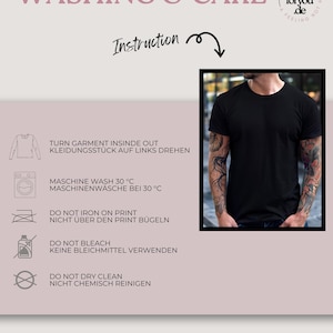 May include: A black crew neck t-shirt with washing instructions. The instructions include turning the garment inside out, machine washing at 30&deg;C, and avoiding ironing on the print, bleaching, and dry cleaning. The text "vibesforyou.de" is at the bottom.
