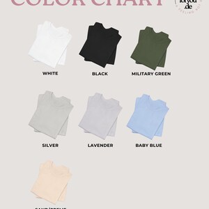 May include: A color chart displays folded t-shirts in various colors: white, black, military green, silver, lavender, baby blue, and sand/creme. The text "COLOR CHART" is at the top, with the brand name "vibesforyou.de" in the corner.