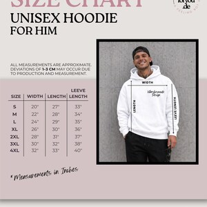 May include: Size chart for a unisex hoodie, with measurements in inches. The chart includes sizes S to 4XL, detailing width, length, and sleeve length. A person is wearing a white hoodie with the "Vibesforyou Design" logo.