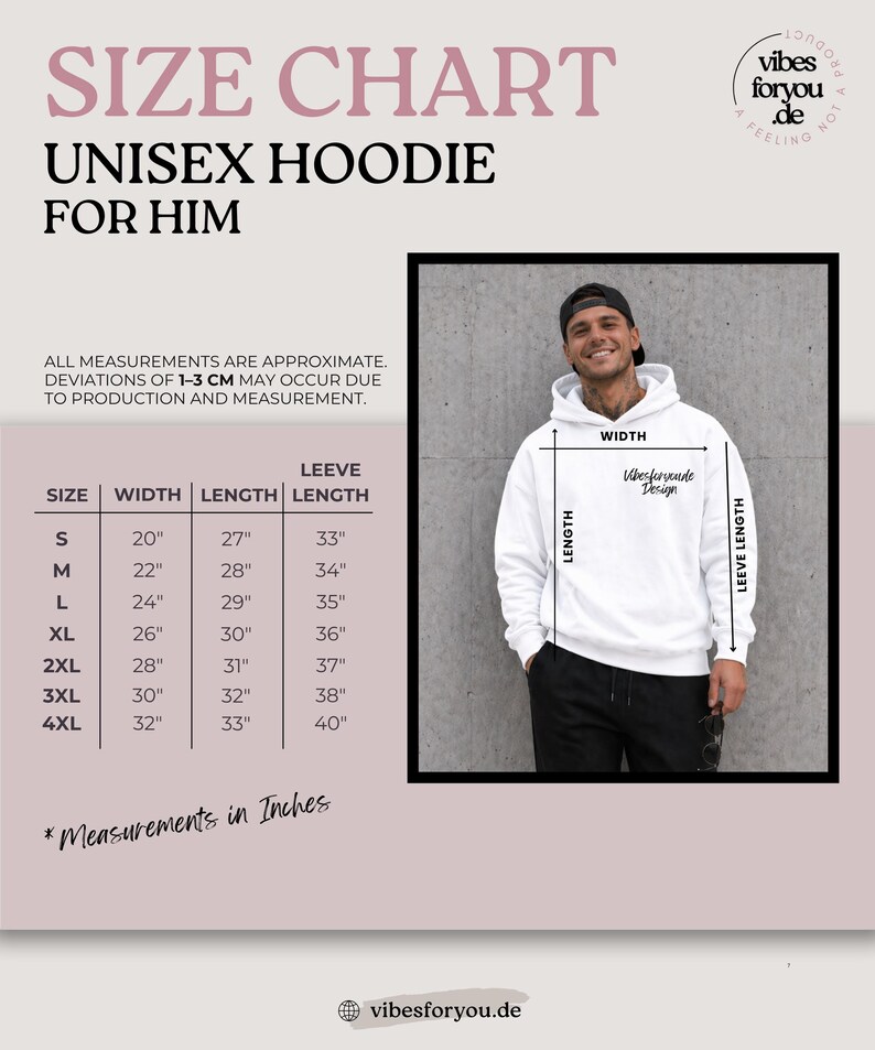 May include: Size chart for a unisex hoodie, with measurements in inches. The chart includes sizes S to 4XL, detailing width, length, and sleeve length. A person is wearing a white hoodie with the "Vibesforyou Design" logo.