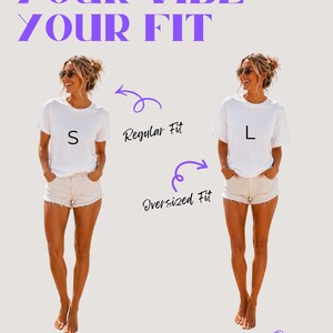 May include: A comparison graphic showing a white t-shirt in size S and size L, labeled Regular Fit and Oversized Fit. The text reads YOUR VIBE YOUR FIT and VIBESFORYOU.DE A FEELING NOT A PRODUCT. The t-shirt is worn with light-colored denim shorts.