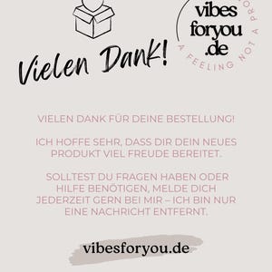 May include: A light beige card with the words "Vielen Dank!" in a handwritten font, along with a box with a heart on top. The text "vibesforyou.de" is also present, along with other German text.