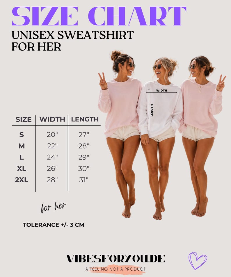 May include: A size chart for a unisex sweatshirt featuring a table with sizes S through 2XL, listing widths from 20 to 28 inches and lengths from 27 to 31 inches. The graphic includes text, a tolerance of +/- 3 cm, and the website VIBESFORYOU.DE.