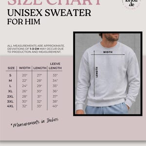 May include: Size chart for a unisex sweater, with measurements in inches. The chart includes sizes S to 4XL, detailing width, length, and sleeve length. A light gray sweater is shown with width and length indicators. The text "vibesforyou.de" is at the bottom.