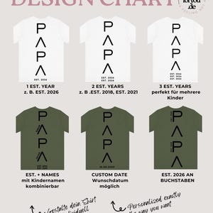 May include: Design chart featuring white and olive green t-shirts with the word "PAPA" in black. The shirts have customizable text options, including years, names, and dates. The design chart is for personalized apparel.