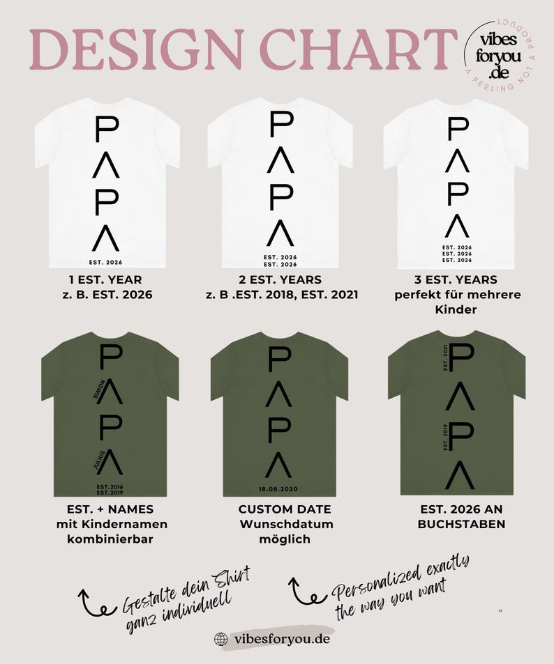 May include: Design chart featuring white and olive green t-shirts with the word "PAPA" in black. The shirts have customizable text options, including years, names, and dates. The design chart is for personalized apparel.