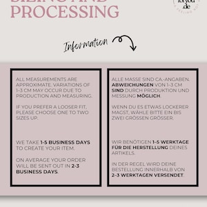 May include: A graphic with text about sizing and processing information. The text includes details about measurements, variations, and production times. The image also features a logo and website address.