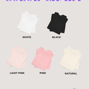 May include: A color chart displaying five tank tops in white, black, light pink, pink, and natural colors. The text reads COLOR CHART, VIBESFORYOU.DE, and A FEELING NOT A PRODUCT. Each tank top is labeled with its respective color name below it.