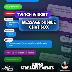 Op de afbeelding: Een digitale afbeelding met een Twitch-widget met een message bubble chatbox. De afbeelding toont verschillende chatberichten in blauwe, groene en paarse bubbels, met de tekst "TWITCH WIDGET" en "MESSAGE BUBBLE CHAT BOX". Het StreamElements-logo is zichtbaar.