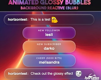 May include: Promotional image for a Twitch chat widget. The image features animated, glossy bubbles with text, including "horizontest: This is a test" and "NEW FOLLOWER lesli." The design is fully customizable in Streamelements.