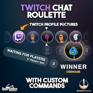 Może przedstawiać: Grafika promocyjna dla "Twitch Chat Roulette" na ciemnoniebieskim tle. Grafika zawiera tekst "Twitch Chat Roulette", "Twitch Profile Pictures" i "Winner". Zawiera również tekst "Waiting for Players" i "With Custom Commands".