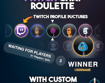 May include: A promotional graphic for "Twitch Chat Roulette" with a dark blue background. The graphic features the text "Twitch Chat Roulette", "Twitch Profile Pictures", and "Winner". It also includes the text "Waiting for Players" and "With Custom Commands".