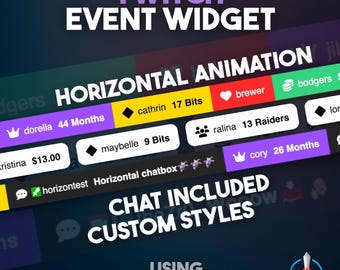 May include: A digital graphic promoting a Twitch event widget. The design features a dark background with text and animated elements. Text includes "Twitch Event Widget," "Horizontal Animation," and "Chat Included Custom Styles."