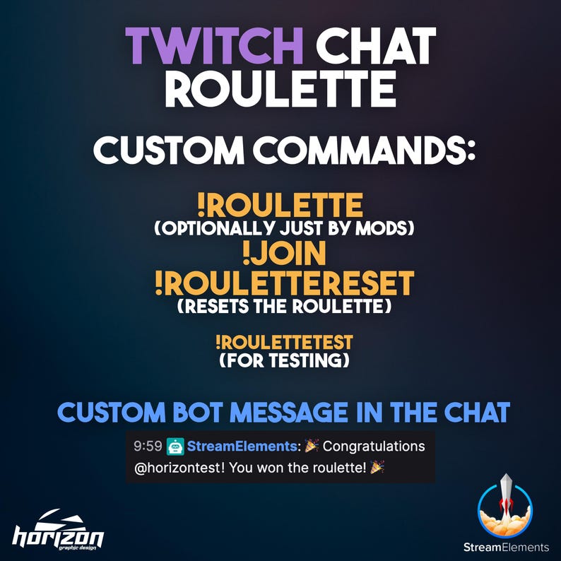 May include: A graphic promoting Twitch Chat Roulette, featuring commands like !ROULETTE and !JOIN. The image includes a custom bot message congratulating a user. The Horizon and StreamElements logos are also present.