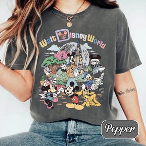 May include: A dark gray t-shirt featuring a colorful graphic of Disney characters and the text "Walt Disney World." The design includes Mickey Mouse, Minnie Mouse, Donald Duck, and other characters in front of a castle and other park attractions.
