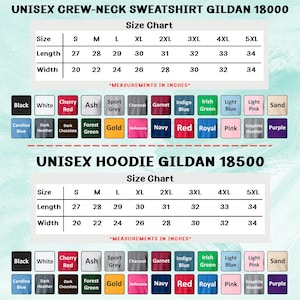 May include: Image showing size charts for unisex crew-neck sweatshirts and hoodies. The charts display sizes S to 5XL, with measurements in inches for length and width. Colour options are listed below the charts.
