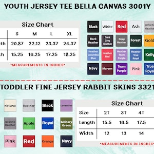 May include: Image shows size charts for youth and toddler t-shirts. The youth chart displays measurements in inches for sizes S to XL. The toddler chart lists measurements for sizes 2T to 5/6T. Colour swatches are also displayed.