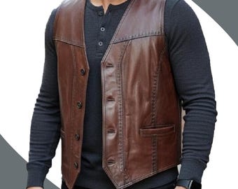 Chaleco de cuero marrón vintage para hombre, estilo motero.
