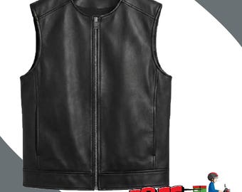 Chaleco de cuero genuino negro para hombre, estilo motero, con cremallera.
