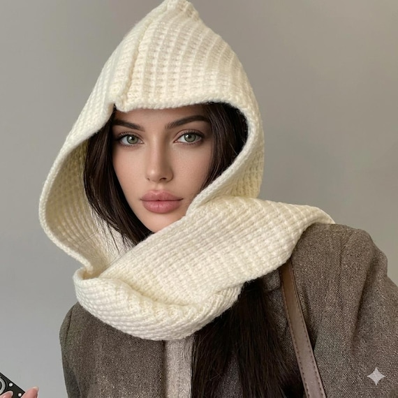 Knit Hooded Scarf Balaclava Set, 100% Wool Winter Hood 