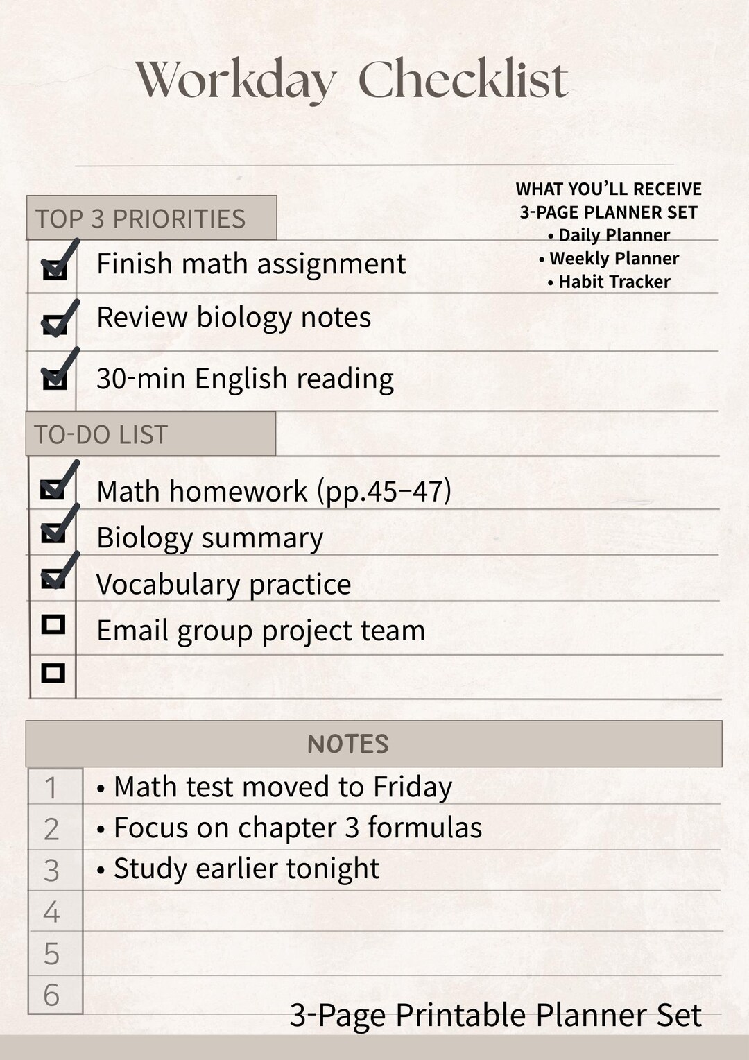 Workday Checklist Printable | Simple Daily Work Planner PDF | Instant ...