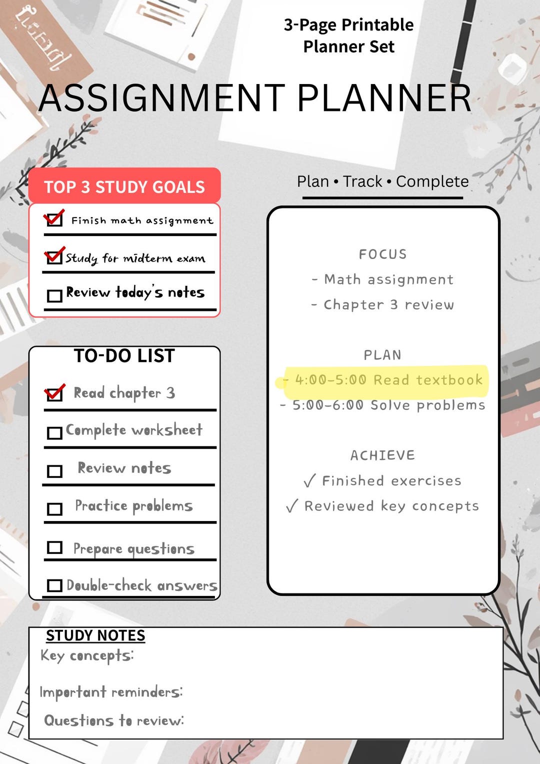 Assignment Study Planner Printable | Minimal Student Planner PDF ...
