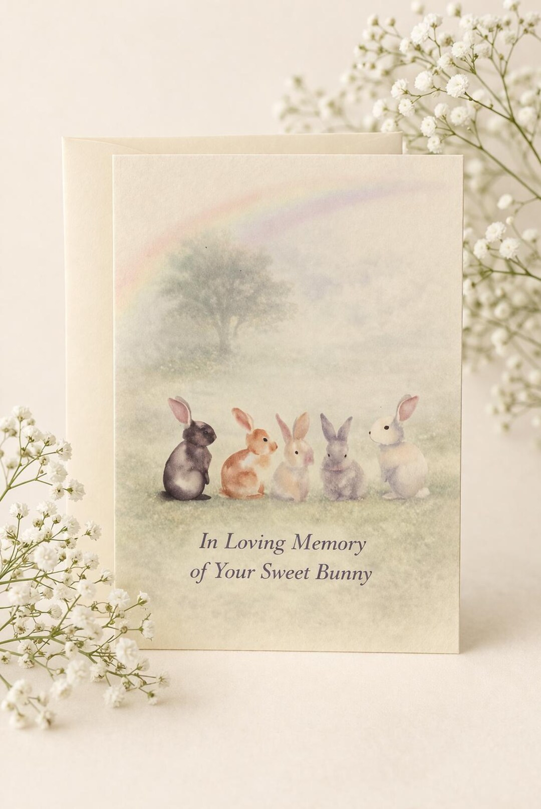Pet Bunny Sympathy Card, Watercolor Rabbits, Rainbow Memorial ...