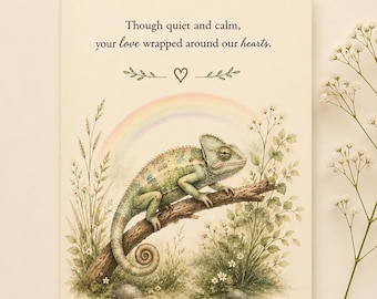 Chameleon Sympathy Card, Pet Loss Memorial, Reptile Bereavement Greeting, Rainbow Meadow Design