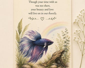 Betta Fish Sympathy Card, Pet Loss Memorial Greeting Card, Rainbow Aquarium Remembrance