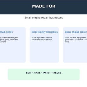 以下が含まれることがあります： MADE FOR Small engine repair businessesというタイトルのデジタルインフォグラフィック。REPAIR SHOPS、INDEPENDENT MECHANICS、SMALL ENGINE SERVICEの詳細が記載された3つの水色のボックスと、下部にEDIT • SAVE • PRINT • REUSEと書かれたライトグリーンのボタンがあります。