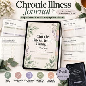 Puede incluir: Un planificador de salud digital para enfermedades crónicas en una tableta, con un diseño floral y el texto 'Ultimate Chronic Illness Health Planner - Healing'. Incluye varias páginas de seguimiento para síntomas, medicamentos y visitas médicas.