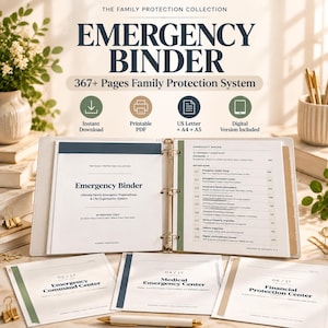 May include: A white three-ring binder containing the Family Protection Collection Emergency Binder system. The open binder displays a table of contents, while three loose pages labeled Emergency Command Center, Medical Emergency Center, and Financial Protection Center are arranged in front. The text includes 367+ Pages Family Protection System, Instant Download, Printable PDF, US Letter + A4 + A5, and Digital Version Included.