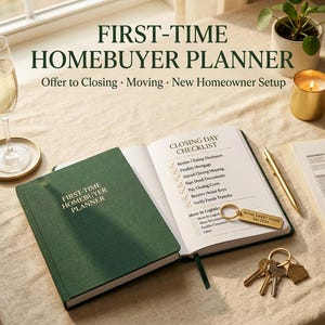May include: A green "First-Time Homebuyer Planner" notebook is open to a checklist, with a gold pen, keys, and a "Home Sweet Home" keychain. A glass of champagne, a candle, and a mug that says "Congrats!" are also on the table.