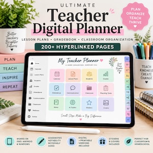 May include: A digital teacher planner displayed on a tablet screen featuring a dashboard with icons for calendar, lesson plans, students, grades, attendance, communication, classroom, planning tools, notes, AI toolkit, stickers, and covers.