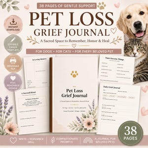 Könnte beinhalten: Ein 38-seitiges Trauertagebuch für Haustiere mit cremefarbenem Einband, Blumenillustrationen, einem goldenen Pfotenabdruck und dem Text Pet Loss Grief Journal. Das Set enthält druckbare Seiten für Erinnerungen, tägliche Einträge und Abschiedsrituale.