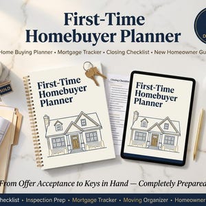 May include: A First-Time Homebuyer Planner with a spiral-bound notebook and a tablet displaying the same title. The cover features a house illustration and the text First-Time Homebuyer Planner. Includes a set of keys, a succulent, and a pen.