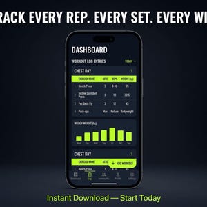 May include: A smartphone screen displays a workout app dashboard. The app tracks exercises like bench press, incline dumbbell press, and pec deck fly. The screen shows sets, reps, and weight in kilograms. Text at the top reads "TRACK EVERY REP. EVERY SET. EVERY WIN."