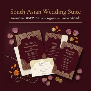 以下が含まれることがあります： 招待状、RSVP、メニュー、プログラムカードを備えた南アジアのウェディングスイート。バーガンディ色のカードには、金色のペイズリー模様とテキストが施されています。スイートには、結婚式の招待状、メニュー、セレモニープログラム、RSVPカードが含まれています。